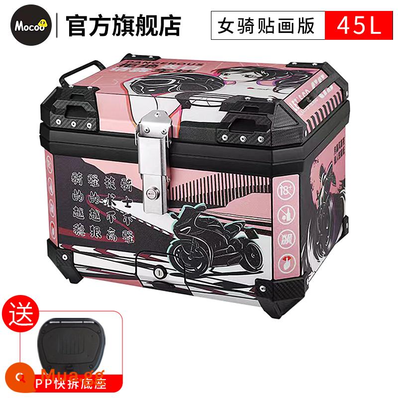 Mushroom 45L hộp đuôi đầu máy đa năng xe điện xe tay ga cốp dung tích lớn hộp đuôi sau hợp kim nhôm - [45L] Hộp đen + in hình cưỡi ngựa nữ [Tấm đế PP]