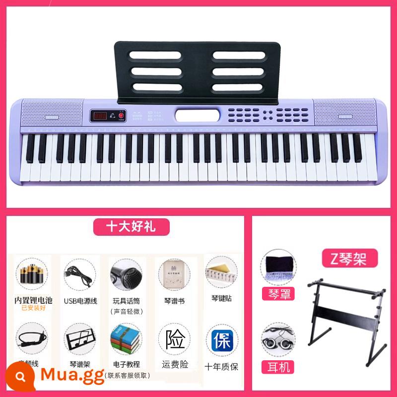 Đàn piano điện tử cầm tay dành cho người mới bắt đầu, người lớn và trẻ em, đàn piano cầm tay tại nhà dành riêng cho bé gái mẫu giáo 61 phím cấp độ đầu vào - Tím + Chân đàn piano + Tai nghe + Vỏ đàn piano