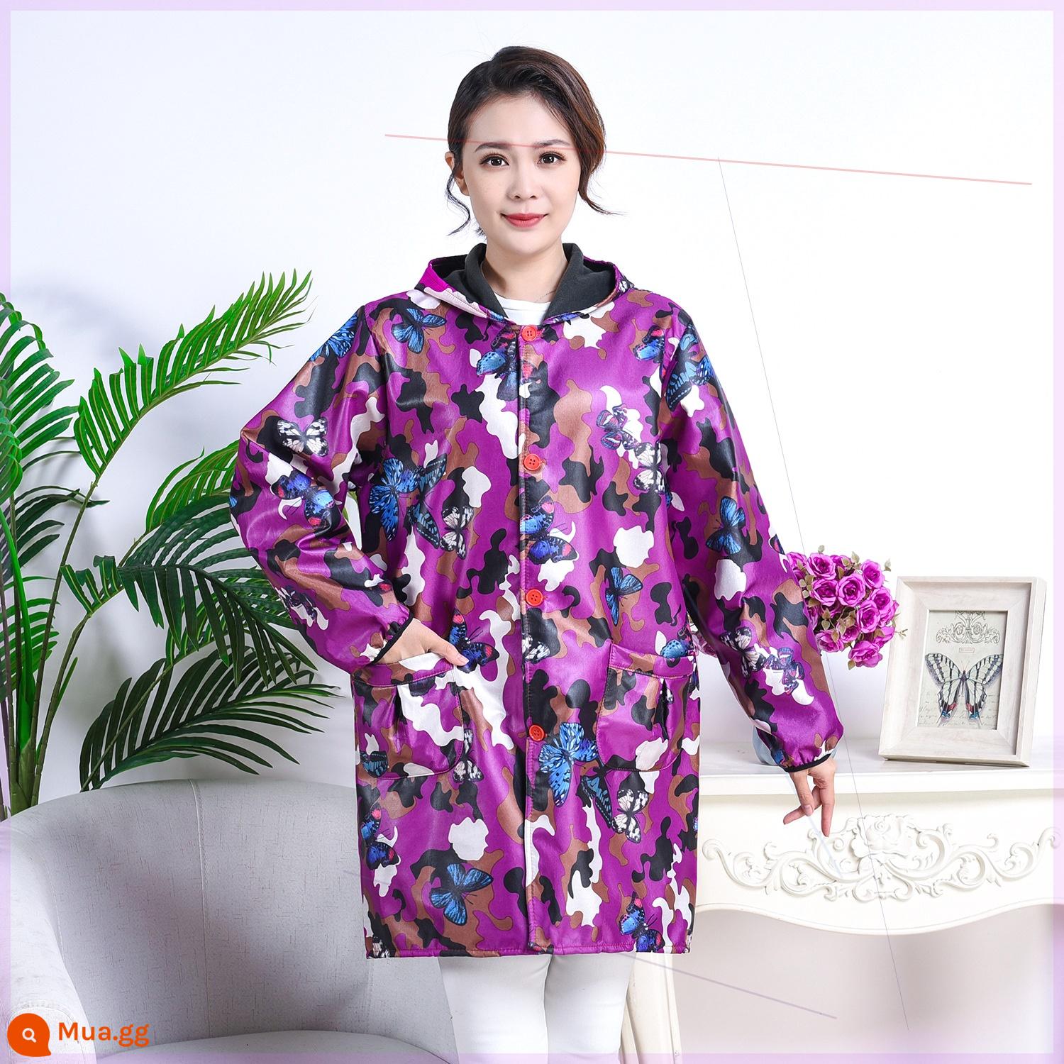 Quần áo làm việc ngụy trang dành cho người lớn coverall nam và nữ tạp dề dài tay cộng với nhung dày không thấm nước ô nhiễm dầu mùa thu và mùa đông áo choàng quần áo bảo hộ - Nút nhung màu tím bướm có mũ trùm đầu cỡ nhỏ khuyên dùng 90-125 catties