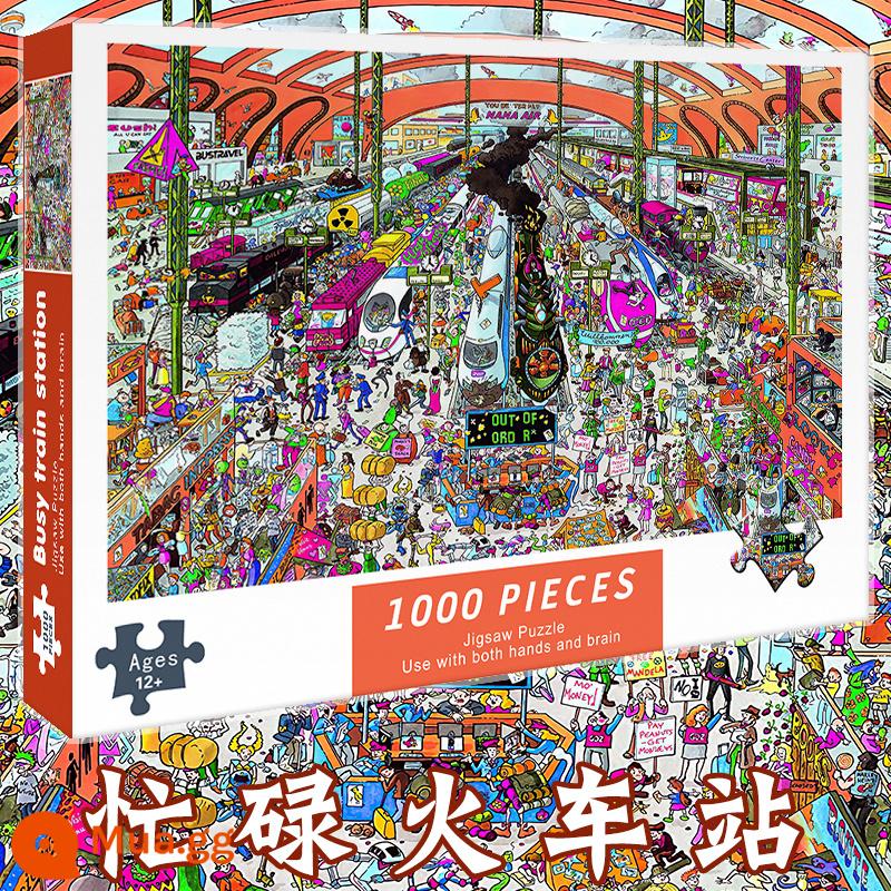 1000 mảnh ghép lớn nghệ thuật xếp hình trẻ em người lớn giải nén bé trai và bé gái hoạt hình tự làm quà tặng đồ chơi - ga xe lửa bận rộn màu xanh nhạt