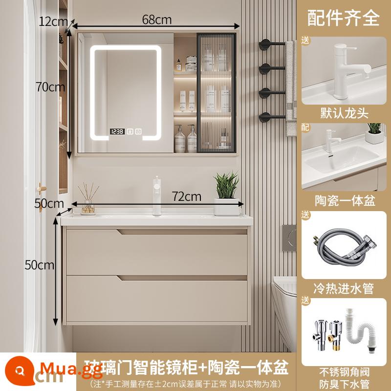 Cầu trượt bi thép ngăn kéo trượt im lặng - Tủ gương thông minh cửa kính màu kem 70cm U style (nâng cấp thêm vòi kéo tròn màu trắng)