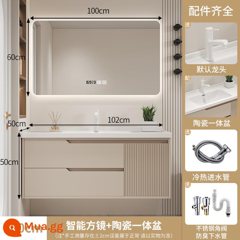 Cầu trượt bi thép ngăn kéo trượt im lặng - Gương vuông có đèn nền thông minh U style 100cm màu kem (vòi kéo tròn màu trắng nâng cấp)