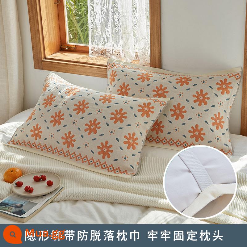 Gối Chống Trơn Trượt Nguyên Chất Cotton Mới Cặp Dây Cố Định Chống Rơi Gối Cotton Gạc Thấm Hút Mồ Hôi Cặp Đôi Người Lớn - Một đôi vỏ gối quai ngang màu be nhộn nhịp, gạc bốn lớp cotton nguyên chất