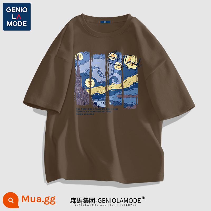 Semir Nhóm GENIOLAMODE mùa hè Mỹ retro tay ngắn nam cỡ lớn thủy triều thương hiệu cotton cặp đôi trang phục Áo Thun R - Cà phê (bức tranh bầu trời đầy sao)