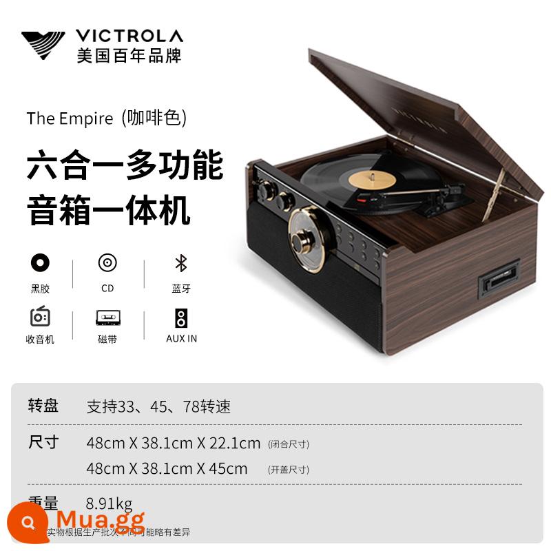 Máy ghi âm vinyl đa năng 6 trong 1 Victrola Empire máy hát đĩa CD cổ điển Loa Bluetooth - Màu nâu