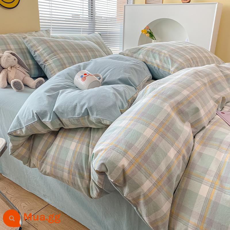 Bộ 4 giường ngủ cotton nguyên chất mới 2023 100 tấm trải giường bằng vải cotton và vỏ chăn bông ký túc xá sinh viên chăn ga gối đệm 3 bộ 4 - Jian Xi Green [100% cotton chải kỹ, không vón cục, không phai màu]