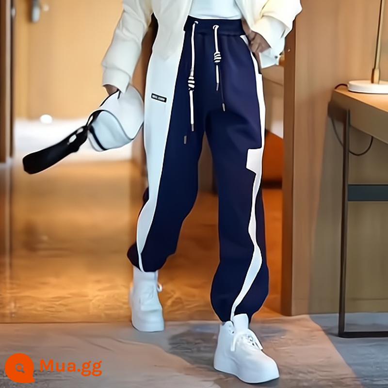 Bộ đồ thể thao thường ngày màu đen cho nữ mùa đông thời trang phong cách phương Tây áo khoác cotton và quần thể thao nhung cao cấp, mỏng, ấm áp - Quần nỉ lông cừu màu xanh và trắng