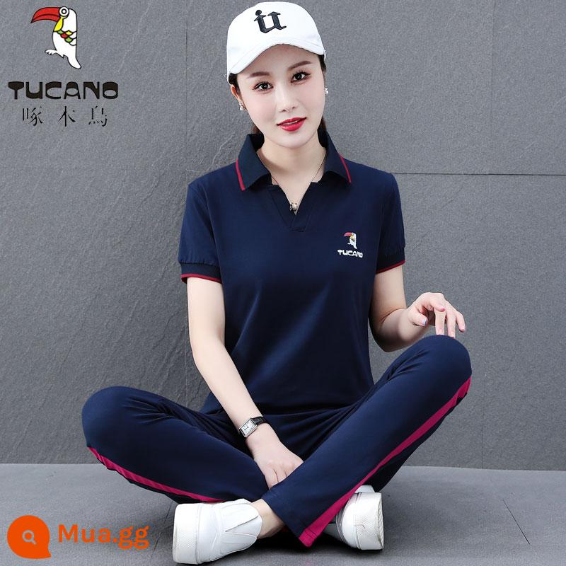 Chim Gõ Kiến Cotton Nguyên Chất Bộ Đồ Thể Thao Mùa Hè 2023 Thời Trang Mới Giảm Béo Nhóm Mua Cổ Áo 2 Bộ Đồ - Màu xanh hải quân