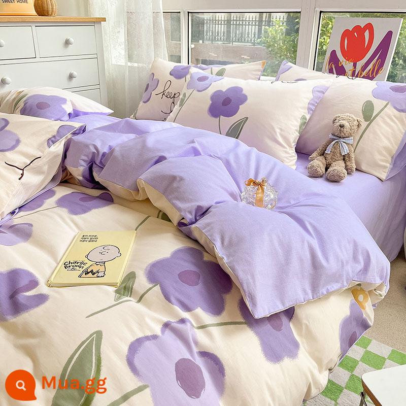 Bộ chăn ga gối cotton 4 mảnh 100 mảnh cotton nguyên chất, vỏ chăn, ga vừa vặn, bộ chăn ga gối đệm 3 mảnh ký túc xá đại học 4 - Hoa Y yêu màu tím