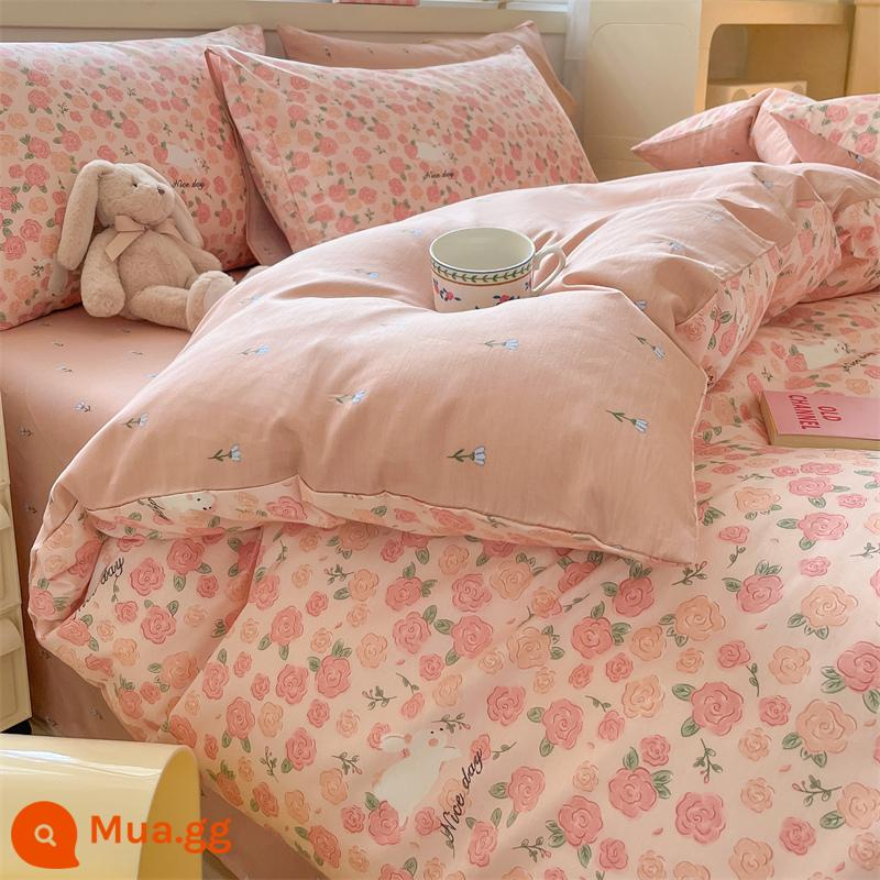 Bộ chăn ga gối cotton 4 mảnh 100 mảnh cotton nguyên chất, vỏ chăn, ga vừa vặn, bộ chăn ga gối đệm 3 mảnh ký túc xá đại học 4 - Y gặp sự lãng mạn