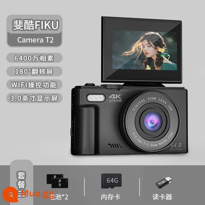 Feiku có thể lật camera micro ống kính đơn HD 4K màn hình lật sinh viên du lịch di động cấp nhập cảnh tại nhà - Gói 2: Màn hình lật Crow Feather Black + Truyền WiFi + Pin × 2 + 64G + Đầu đọc thẻ