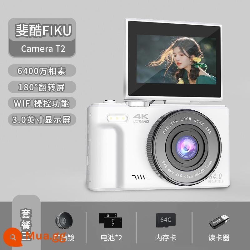 Feiku có thể lật camera micro ống kính đơn HD 4K màn hình lật sinh viên du lịch di động cấp nhập cảnh tại nhà - Gói 3: Màn hình lật màu trắng ngà + Truyền WiFi + ống kính macro góc rộng + pin × 2 + 64G + đầu đọc thẻ