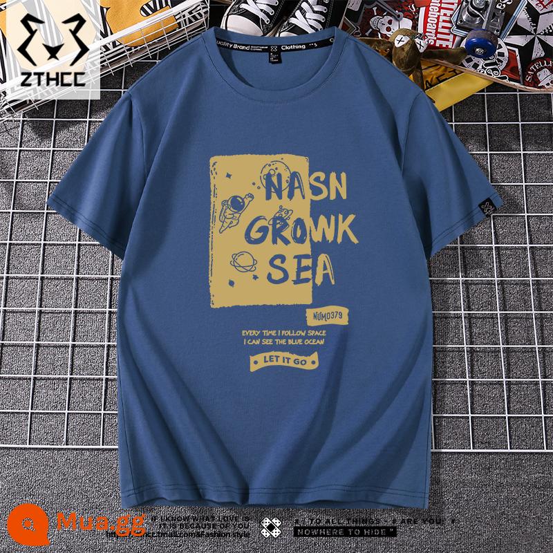 Áo thun nam ngắn tay mùa hè thương hiệu T-shirt cỡ lớn phong cách Mỹ 2023 mới phù hợp với tất cả các trận đấu chàng trai cotton lỏng nửa tay - Màu xanh khói mù xuyên qua thiên hà Màu vàng