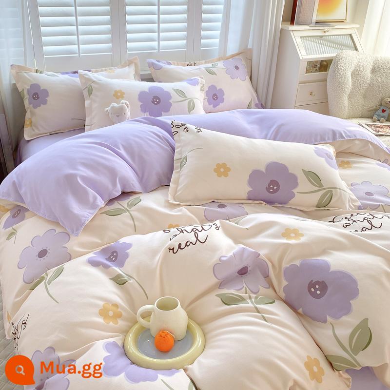 Bộ đồ giường bốn mảnh bằng vải cotton đã giặt, vỏ chăn đôi, vỏ chăn chải dày, bộ ba mảnh ký túc xá sinh viên bằng vải cotton thân thiện với da - Đầu hè《Tím》