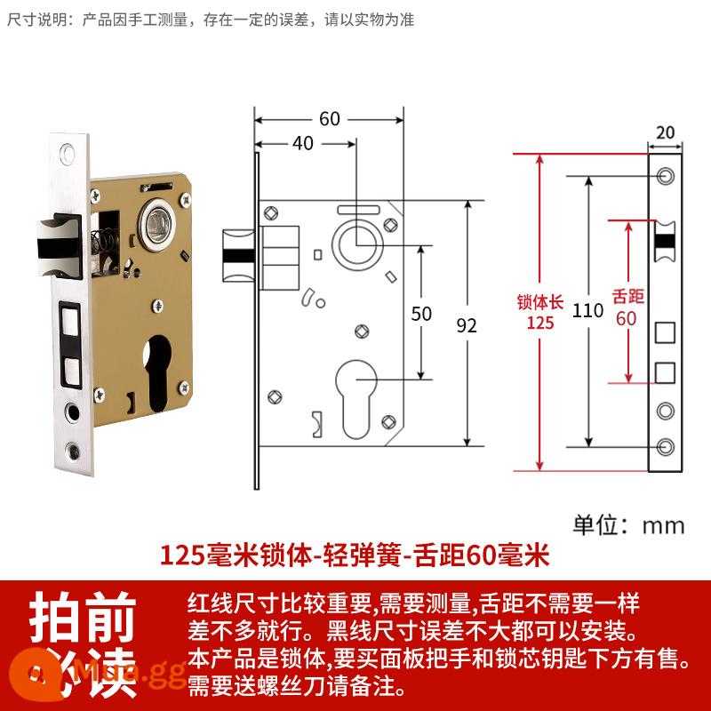 Thép không gỉ thân khóa lõi khóa trong nhà phòng ngủ chốt cửa khóa cửa gỗ đa năng cửa phòng bộ khóa phòng hộ gia đình tắt tiếng - Khoảng cách lưỡi lò xo 125 ánh sáng 60 lưỡi đơn im lặng