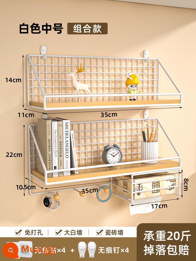 Giá treo tường đầu giường punch-free ký túc xá sinh viên hiện vật phòng ngủ những điều tốt đẹp vách ngăn giỏ treo kệ đựng đồ - Màu trắng cỡ trung bình có thanh xà + hộp đựng khăn giấy [miếng dán không dấu + móng tay không dấu]