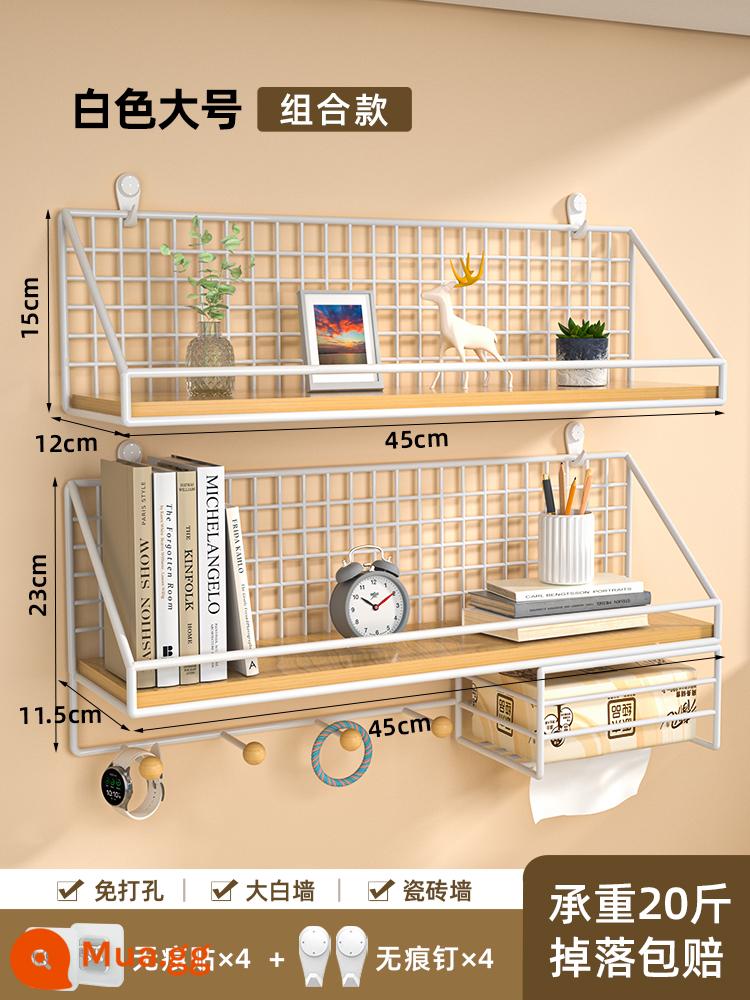 Giá treo tường đầu giường punch-free ký túc xá sinh viên hiện vật phòng ngủ những điều tốt đẹp vách ngăn giỏ treo kệ đựng đồ - Kích thước lớn màu trắng có dầm + hộp đựng khăn giấy [miếng dán không dấu + móng tay không dấu]