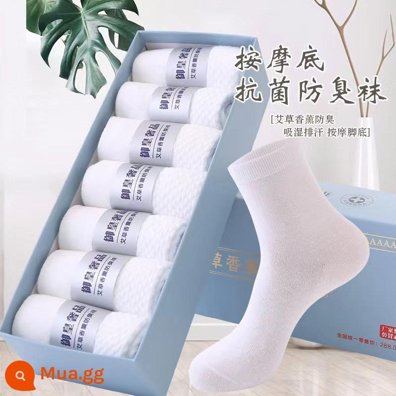 Tất nam cotton nguyên chất kháng khuẩn mùa thu đông đến bắp chân nữ kháng khuẩn 7A dành cho thanh thiếu niên và nam giới - Ba đôi màu trắng [Vớ cotton nguyên chất khử mùi ngải cứu loại 7A] được đóng gói riêng