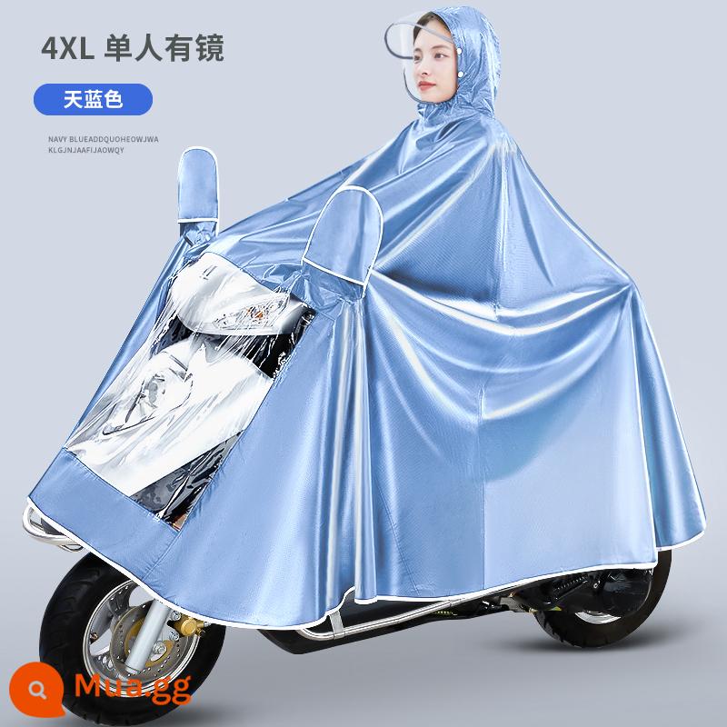 Áo mưa xe máy điện, áo poncho xe điện, phiên bản cực dài để đi xe, chống mưa toàn thân, chống mưa và chống thấm nước - Bảo vệ mặt và chân bằng vải jacquard 4XL - kiểu đơn màu xanh da trời - có ốp gương