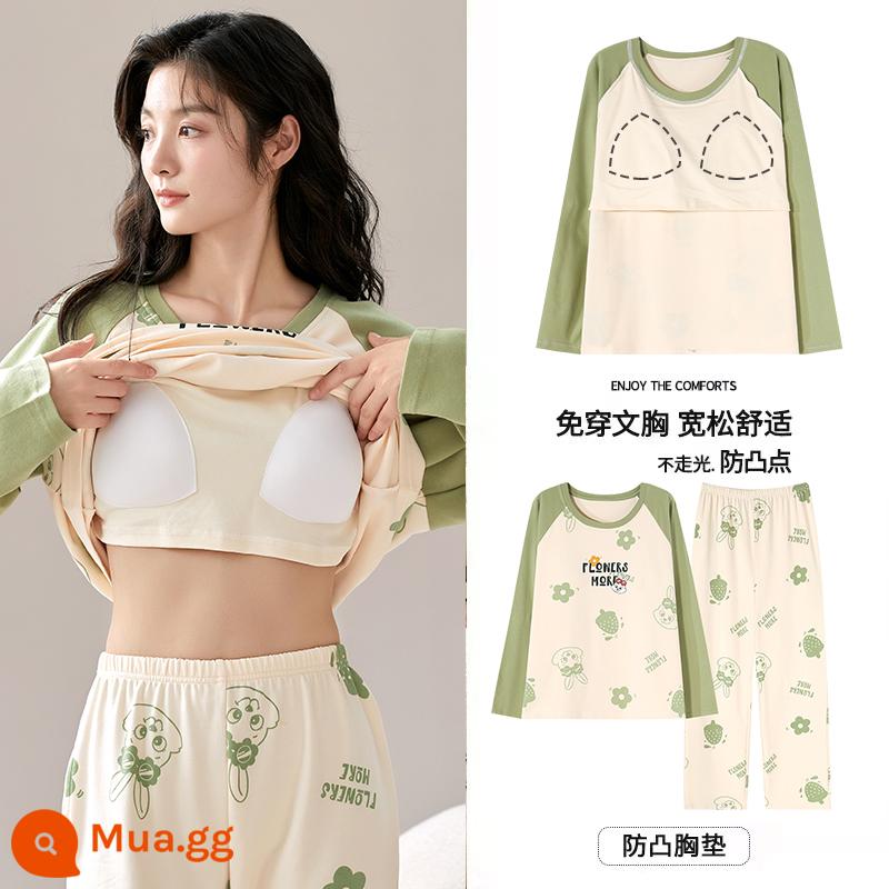 Bộ đồ ngủ Langsha có miếng đệm ngực cho nữ mùa xuân thu mới bằng vải cotton nguyên chất dài tay mùa thu đông phong cách Hàn Quốc bộ quần áo mặc ở nhà cỡ lớn - MJX1028C