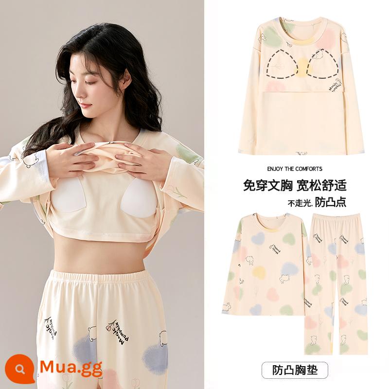 Bộ đồ ngủ Langsha có miếng đệm ngực cho nữ mùa xuân thu mới bằng vải cotton nguyên chất dài tay mùa thu đông phong cách Hàn Quốc bộ quần áo mặc ở nhà cỡ lớn - MJX1031C