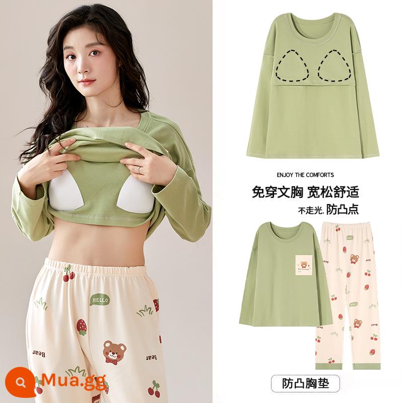 Bộ đồ ngủ Langsha có miếng đệm ngực cho nữ mùa xuân thu mới bằng vải cotton nguyên chất dài tay mùa thu đông phong cách Hàn Quốc bộ quần áo mặc ở nhà cỡ lớn - MJX1064C