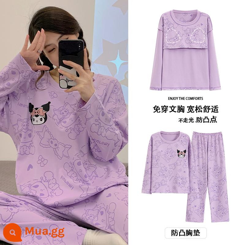 Bộ đồ ngủ Langsha có miếng đệm ngực cho nữ mùa xuân thu mới bằng vải cotton nguyên chất dài tay mùa thu đông phong cách Hàn Quốc bộ quần áo mặc ở nhà cỡ lớn - Y09104