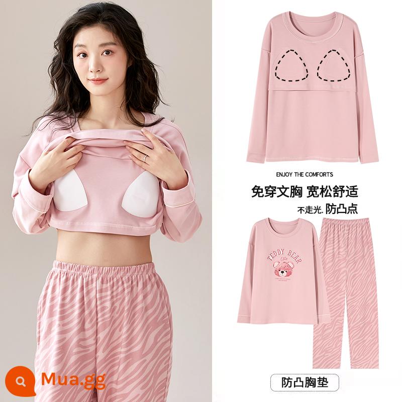 Bộ đồ ngủ Langsha có miếng đệm ngực cho nữ mùa xuân thu mới bằng vải cotton nguyên chất dài tay mùa thu đông phong cách Hàn Quốc bộ quần áo mặc ở nhà cỡ lớn - MJX1036C