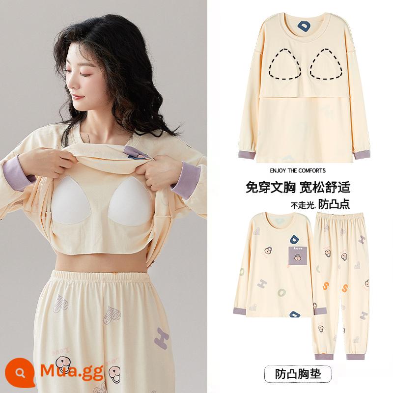 Bộ đồ ngủ Langsha có miếng đệm ngực cho nữ mùa xuân thu mới bằng vải cotton nguyên chất dài tay mùa thu đông phong cách Hàn Quốc bộ quần áo mặc ở nhà cỡ lớn - MJX1056C