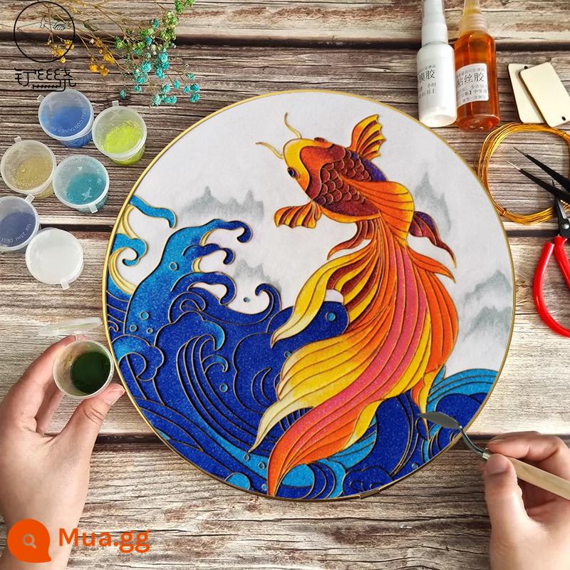 Koi vẽ tay cloisonné cloisonné sơn men vật liệu tự làm gói hoa và chim tranh trang trí đồ trang trí thủ công mỹ nghệ phi di sản - Bộ cát màu Koi B model 30*30cm