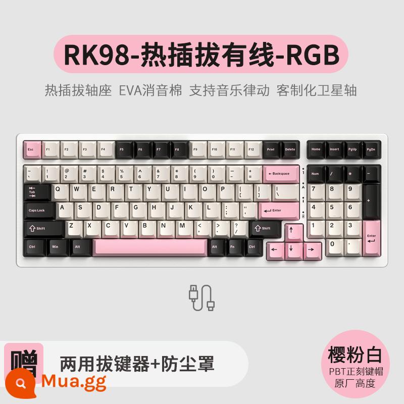 Bàn phím cơ không dây ba chế độ RK98 bluetooth 2.4g chơi game có dây thể thao điện tử RGB bộ tùy chỉnh có thể tráo đổi nóng - Có dây màu trắng hồng anh đào (RGB) có thể thay nóng