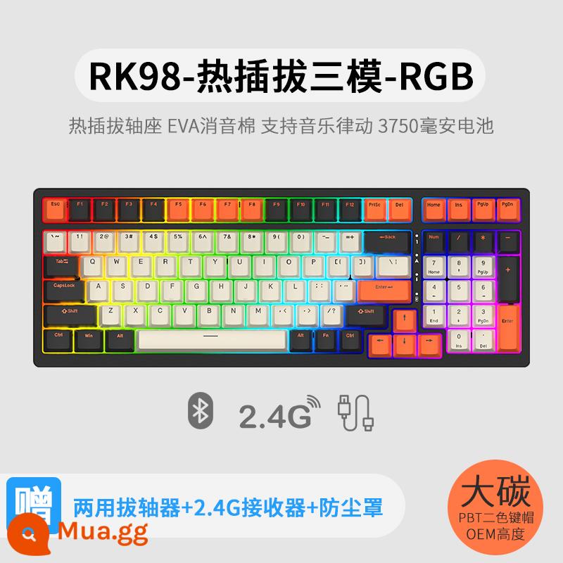 Bàn phím cơ không dây ba chế độ RK98 bluetooth 2.4g chơi game có dây thể thao điện tử RGB bộ tùy chỉnh có thể tráo đổi nóng - Ba chế độ carbon lớn (RGB) có thể tráo đổi nhanh