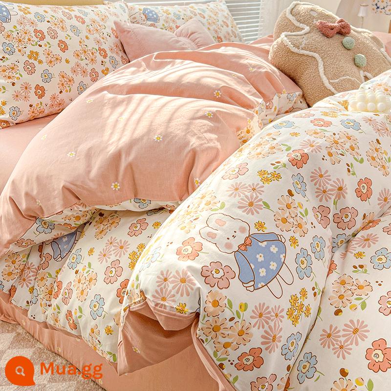 Công chúa gió mùa đông cotton nguyên chất 4 mảnh 100 ga giường cotton vỏ chăn ký túc xá sinh viên 3 bộ chăn ga gối 4 - Thỏ dễ thương đáng yêu