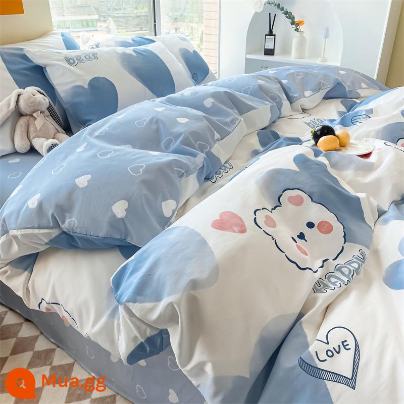 Hoạt Hình Nguyên Chất Giường Cotton 4 Bộ 100 Ga Giường Cotton Vỏ Chăn Dày Mùa Đông Ký Túc Xá Giường 3 bộ 4 - Gấu yêu [Bông giả thân thiện với da Một hình phạt mười]