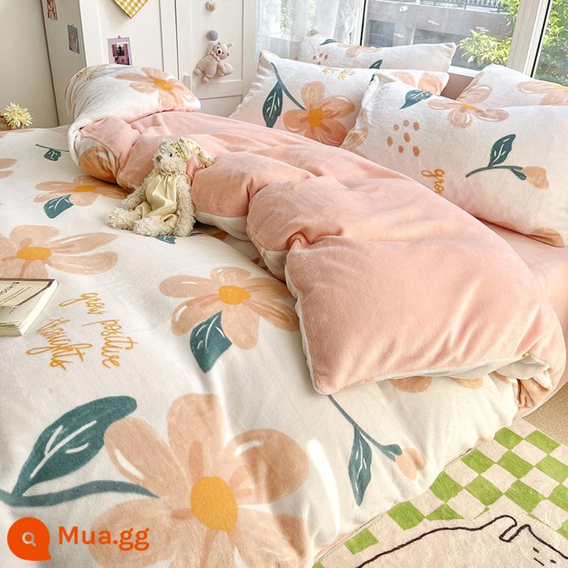 Mùa đông dày sữa nhung giường 4 mảnh 2 mặt nhung san hô vỏ chăn flannel Plus nhung 3 bộ giường ngủ - Hương hoa lãng mạn [nhiệt độ không đổi + khóa ấm + không tĩnh điện]