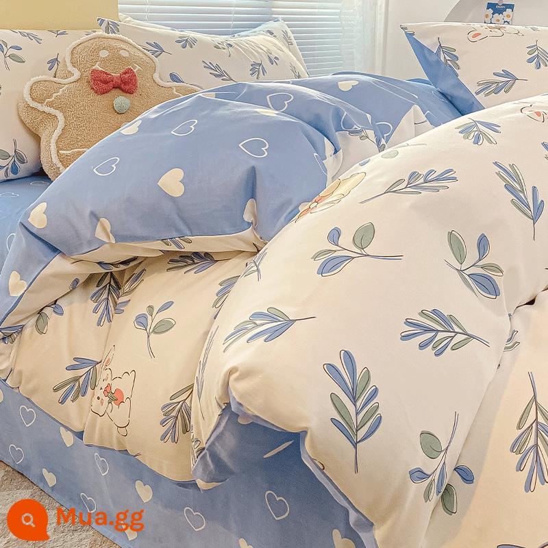 Công chúa gió mùa đông cotton nguyên chất 4 mảnh 100 ga giường cotton vỏ chăn ký túc xá sinh viên 3 bộ chăn ga gối 4 - thỏ rừng