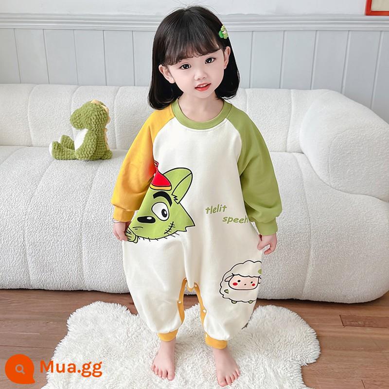 Bộ đồ ngủ liền mảnh mùa xuân thu cotton nguyên chất dài tay mặc nhà cho bé trai và bé gái 1 tuổi 3 túi ngủ chống lạnh cho bé - sói xám xanh