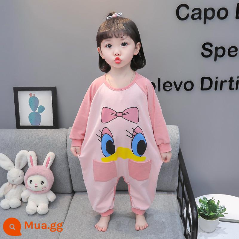 Bộ đồ ngủ liền mảnh mùa xuân thu cotton nguyên chất dài tay mặc nhà cho bé trai và bé gái 1 tuổi 3 túi ngủ chống lạnh cho bé - vịt túi màu hồng