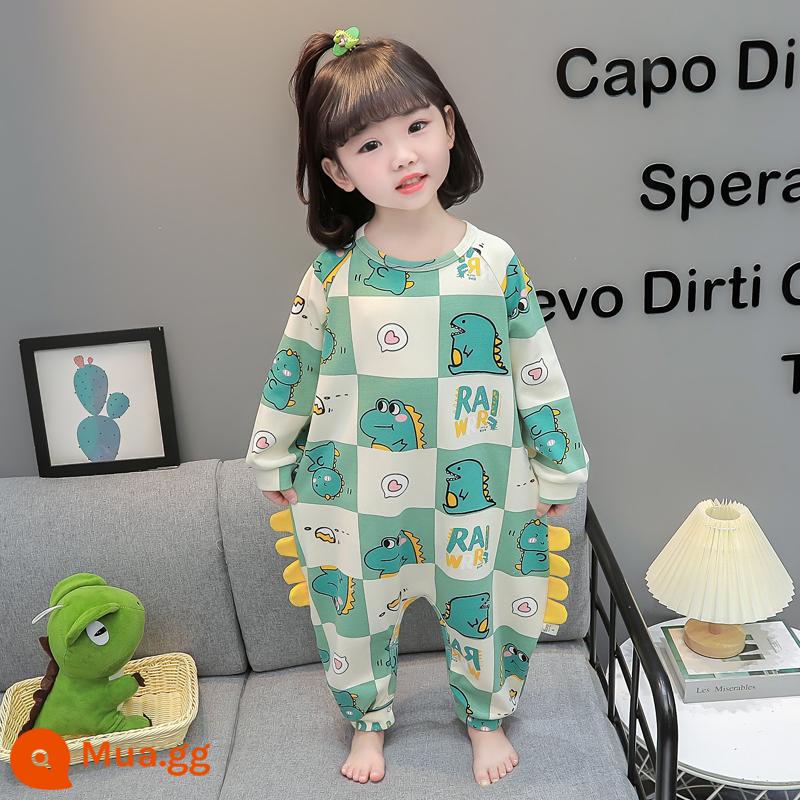 Bộ đồ ngủ liền mảnh mùa xuân thu cotton nguyên chất dài tay mặc nhà cho bé trai và bé gái 1 tuổi 3 túi ngủ chống lạnh cho bé - khủng long kẻ sọc xanh