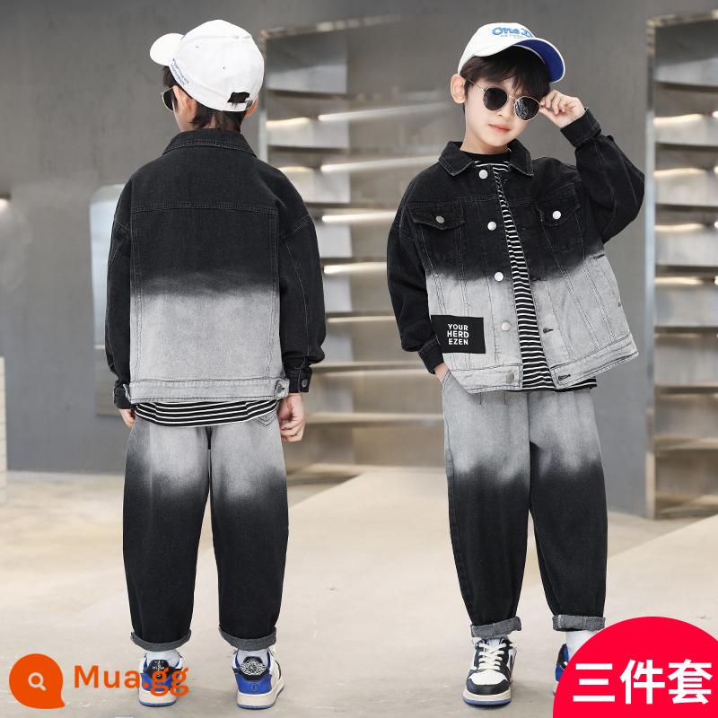 Bộ quần áo mùa xuân cho bé trai Bộ đồ ba mảnh denim gradient 2023 phong cách mới phong cách nước ngoài trẻ em mùa xuân và mùa thu thủy triều - đen