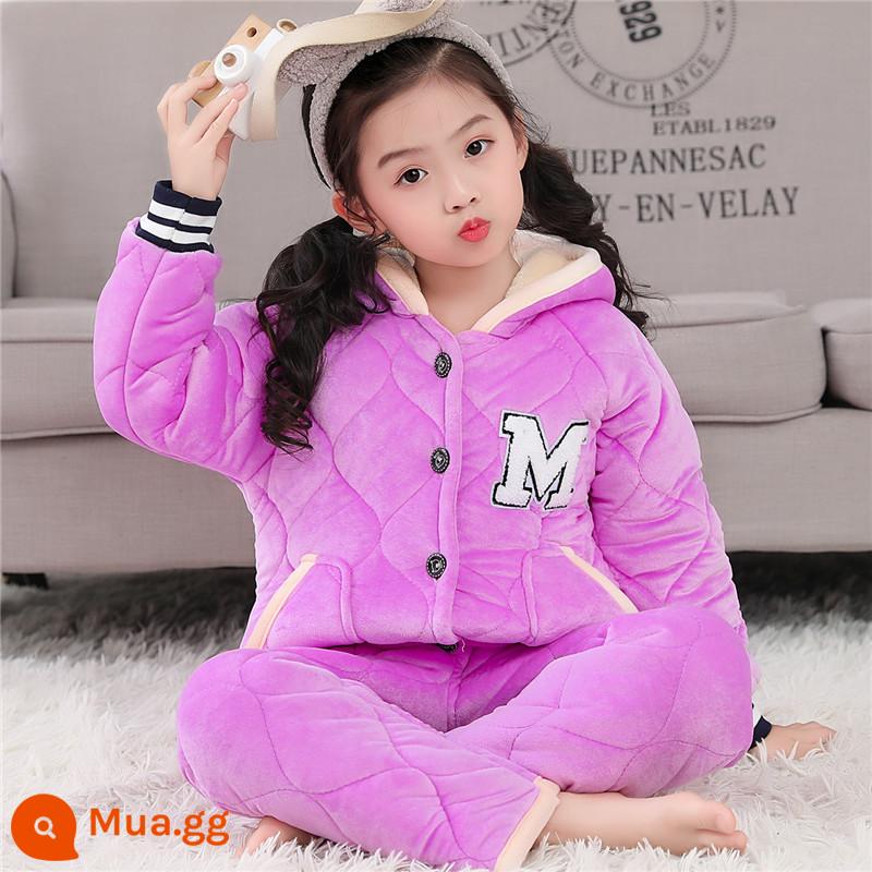 Bộ Đồ Ngủ Bé Gái Mùa Đông Pha Lê Nhung Bé Trai Bé Gái Bé Trai Bé Gái Homewear Flannel Áo Khoác Có Đệm Dày - Đồng phục bóng chày mũ nhung pha lê màu tím