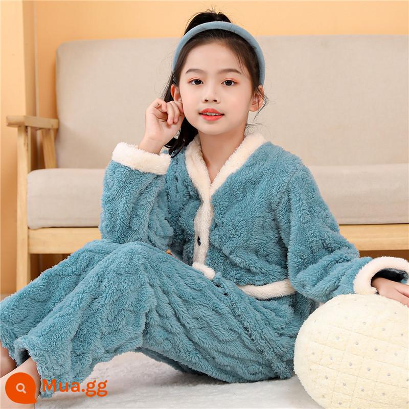 Các mẫu mùa thu và mùa đông dành cho trẻ em dày cộng với bộ đồ ngủ flannel nhung vừa và lớn cho bé trai và bé gái phong cách bùng nổ lông cừu san hô phù hợp với dịch vụ tại nhà - Nữ viền trắng xanh da trời