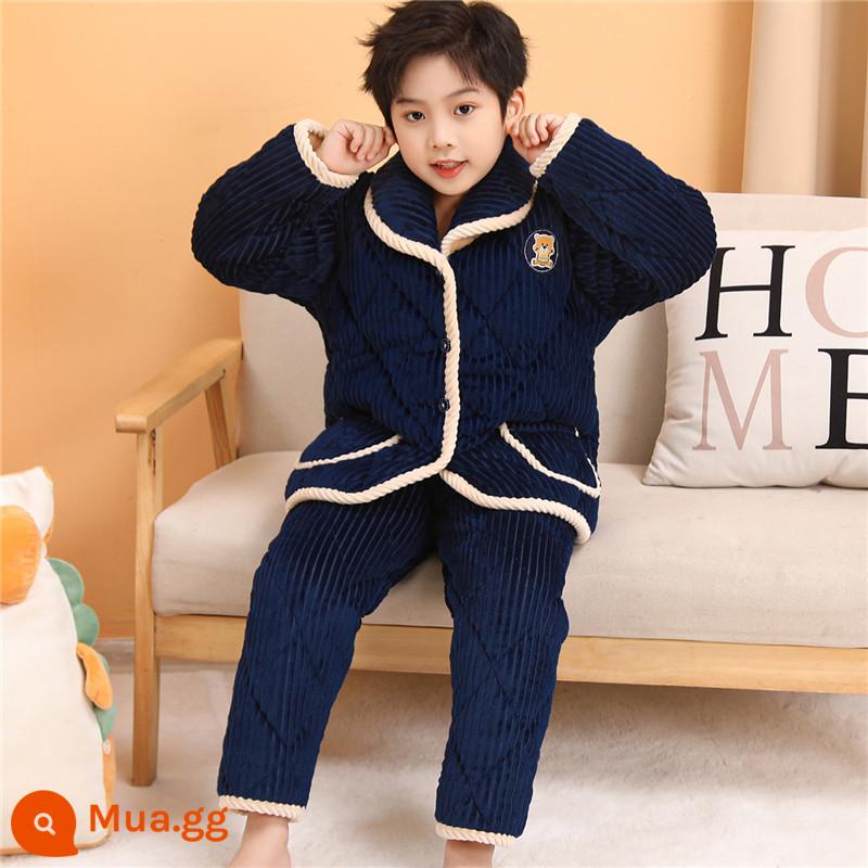 Bộ Đồ Ngủ Bé Gái Mùa Đông Pha Lê Nhung Bé Trai Bé Gái Bé Trai Bé Gái Homewear Flannel Áo Khoác Có Đệm Dày - Áo chần bông dày 3 lớp màu xanh hải quân cho nam