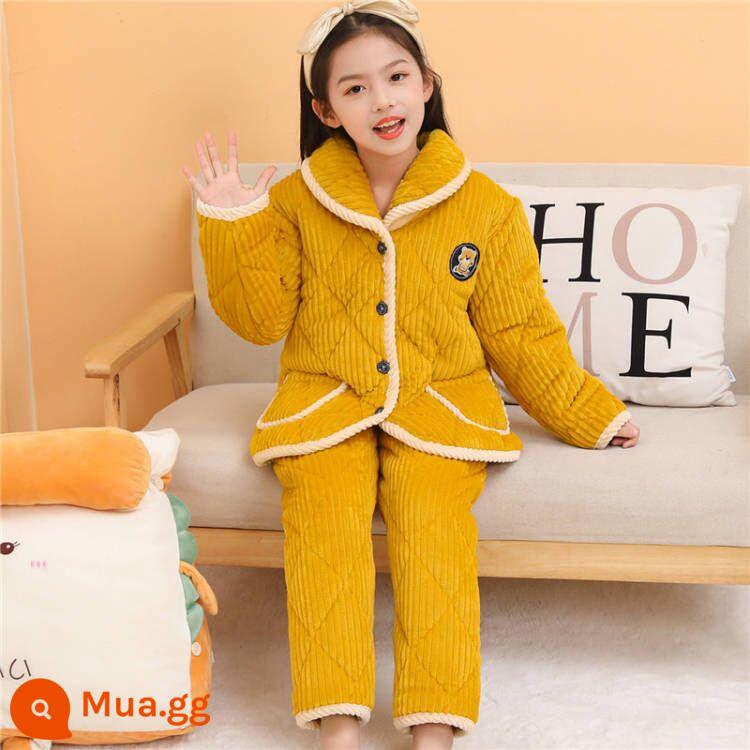 Bộ Đồ Ngủ Bé Gái Mùa Đông Pha Lê Nhung Bé Trai Bé Gái Bé Trai Bé Gái Homewear Flannel Áo Khoác Có Đệm Dày - Áo chần bông dày 3 lớp màu vàng dành cho nữ