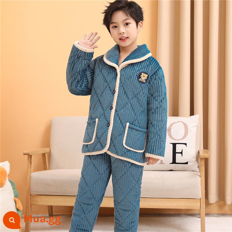 Bộ đồ ngủ cotton cho trẻ em quần áo mùa đông pha lê nhung bộ quần áo ở nhà bé trai và bé gái trung và lớn áo khoác bông cho trẻ em cộng với nhung dày mùa đông - Áo chần bông dày 3 lớp màu xanh da trời cho nam