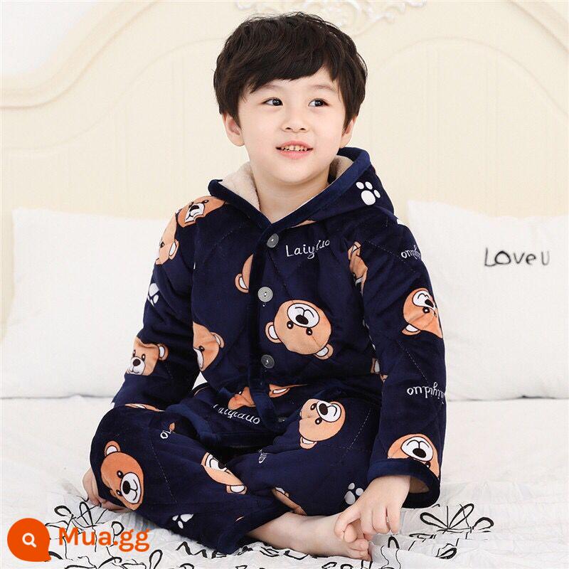 Bộ đồ ngủ cotton cho trẻ em quần áo mùa đông pha lê nhung bộ quần áo ở nhà bé trai và bé gái trung và lớn áo khoác bông cho trẻ em cộng với nhung dày mùa đông - Mũ bông pha lê nhung xanh