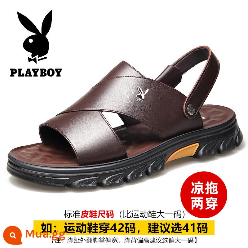 Giày Sandal Playboy 2023 Mùa Hè Mới Thoáng Khí Da Đế Mềm Lái Xe Giày Đi Biển Cổ Chống Trơn Trượt Dép Nam - 7533 màu nâu