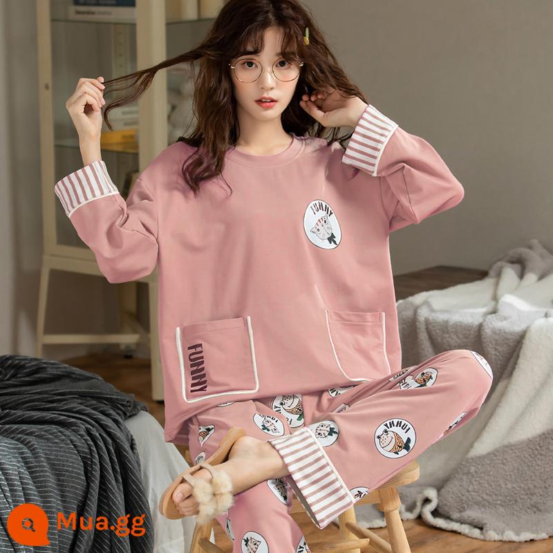 Bộ đồ ngủ nữ phong cách xuân thu 2023 mới cotton dài tay cỡ lớn cotton hè thu đông bộ đồ phục vụ tại nhà - 19019 màu hồng ấm áp