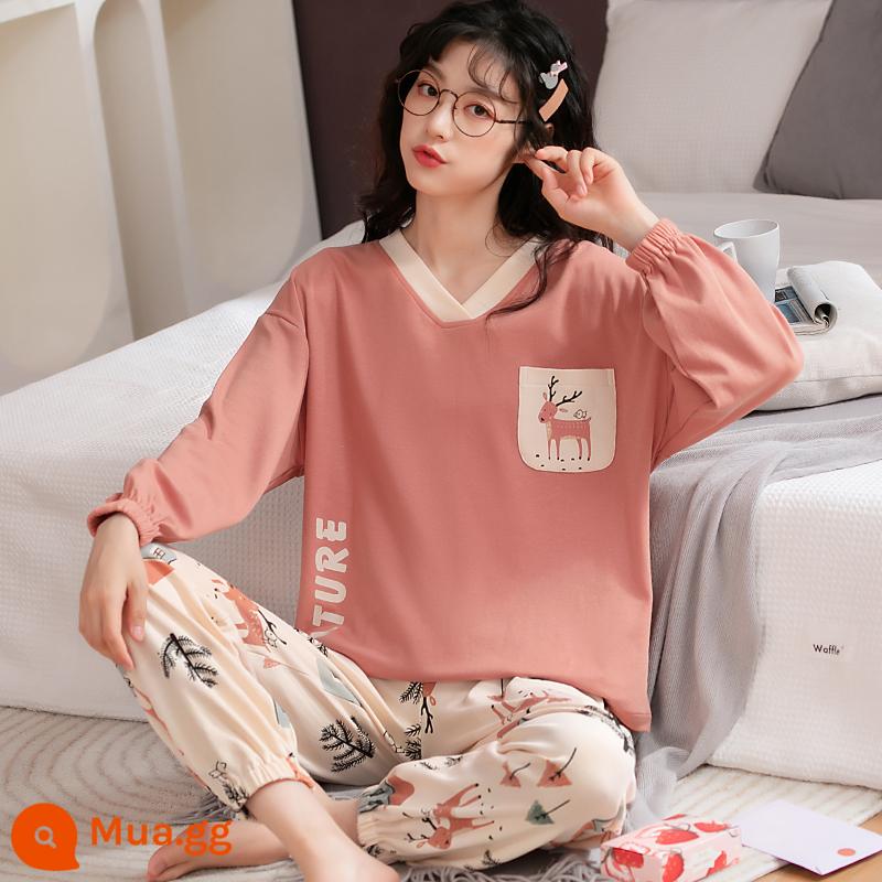 Bộ đồ ngủ nữ phong cách xuân thu 2023 mới cotton dài tay cỡ lớn cotton hè thu đông bộ đồ phục vụ tại nhà - 96262