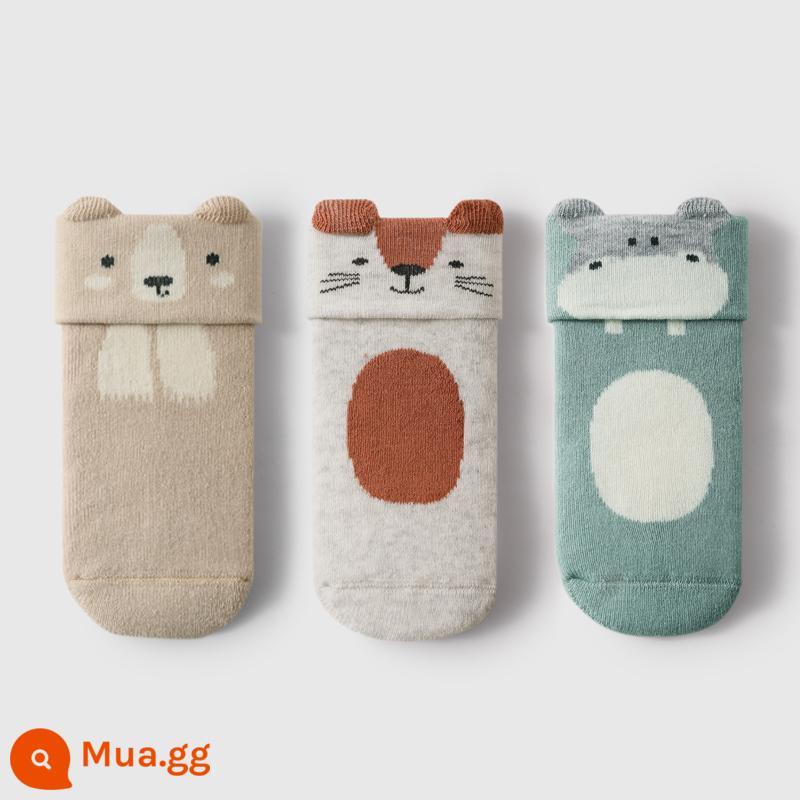 Manxi tất cho bé mùa thu đông ấm nguyên chất cotton giữa ống vớ lật qua bông vớ bé sơ sinh dày lên - [5A kháng khuẩn và chống mạt] xanh xám + kaki + trắng và đỏ (3 đôi ở ống giữa)